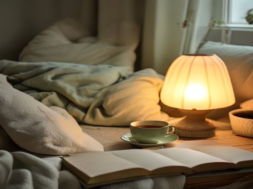 Evening relaxation space with herbal tea and journal on soft cushions, warm lighting