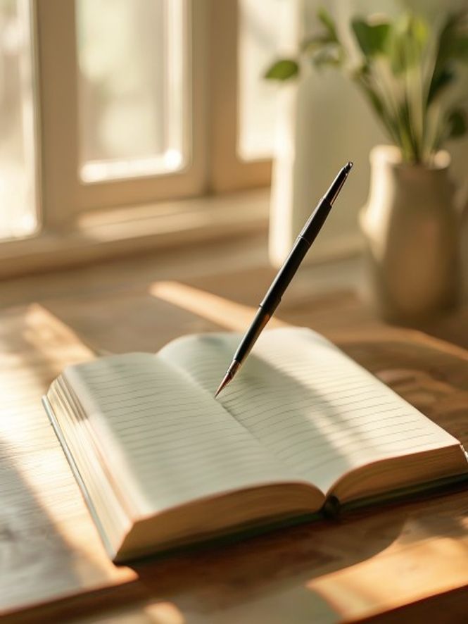 Notebook with progress chart and pen on wooden desk, soft afternoon light