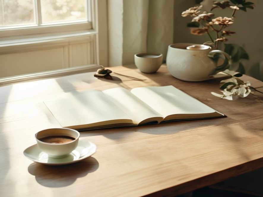 Clean workspace with open notebook showing habit framework diagram and pen